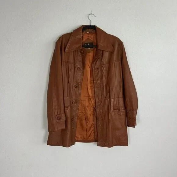 Vintage 70s Pampas Orange/Brown Leather Jacket Size 40 Button Up Mens Duster